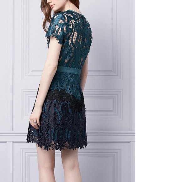 Rare Le Chateau laser cut crochet floral lace embroidery emerald teal blue dress - Picture 4 of 11